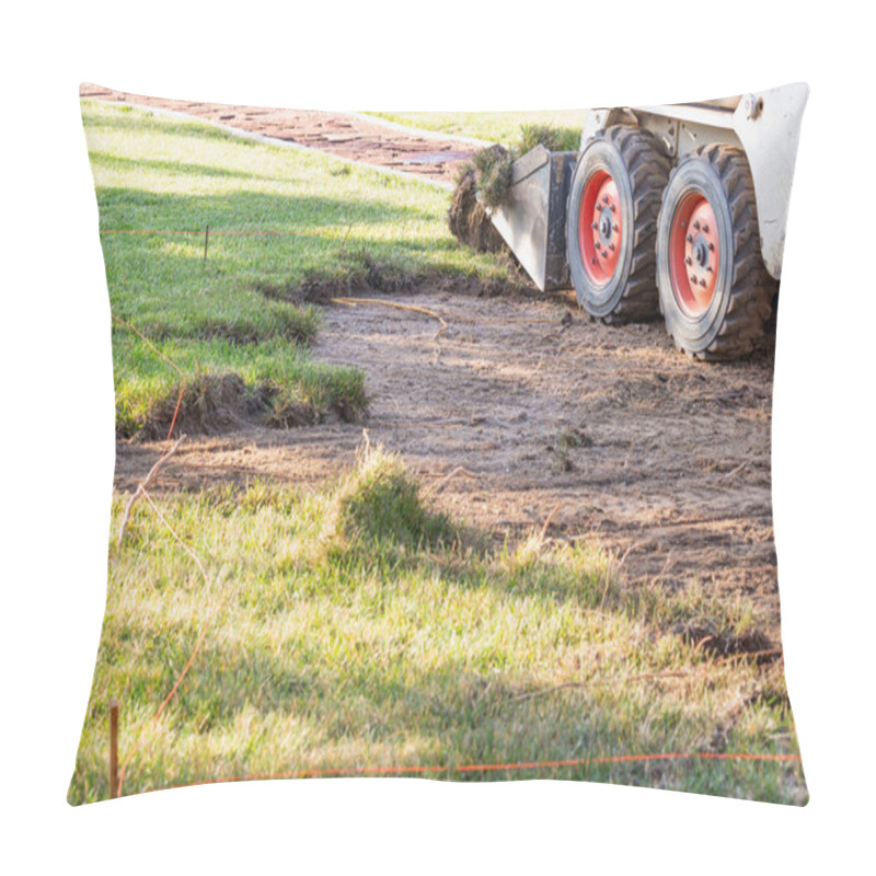 Personality  Small Bulldozer Removing Grass From Yard Preparing For Pool Installation Pillow Covers