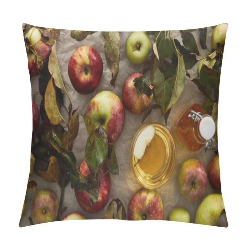 Personality  Top View Of Ripe Apples With Leaves Near Glass And Bottle Of Cider Pillow Covers