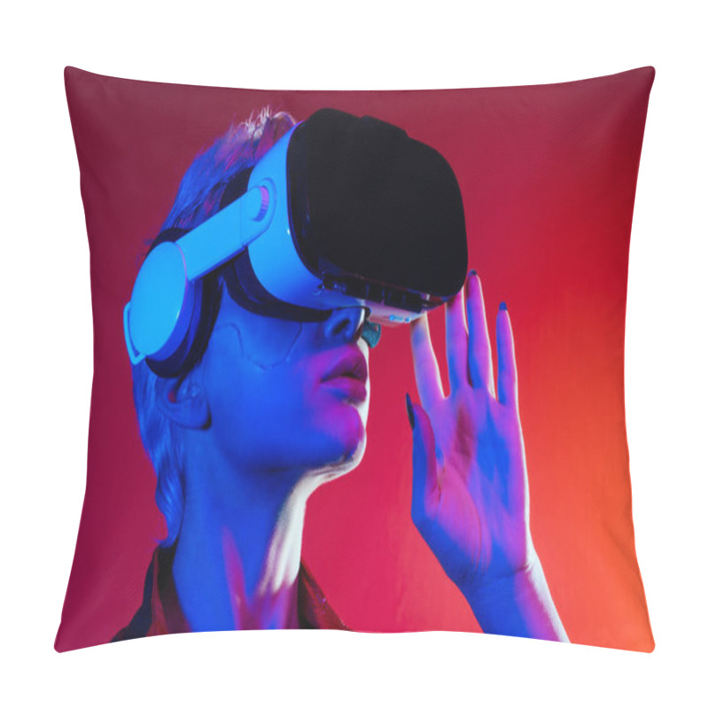 Personality  Representation Of A Bionic Super Human With Advanced Technology Parts As Vr Visors And Gadgets Playing In A Mixed Reality Training Room. Futuristic Cyberpunk Evolution Of Human Mankind And AI Pillow Covers