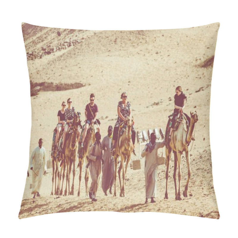 Personality  ASWAN, EGYRPT - MARCH 24, 2017: People In The Camel Caravan Goin Pillow Covers