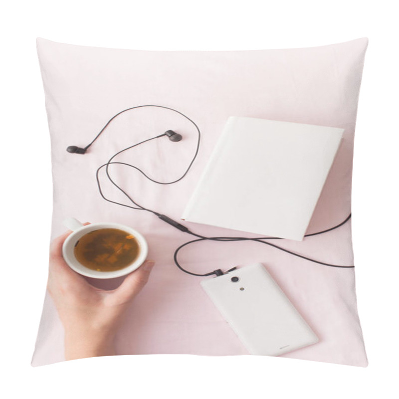 Personality  A Cup Of Herbal Tea In Hand On Bed With A Book And Music Pillow Covers