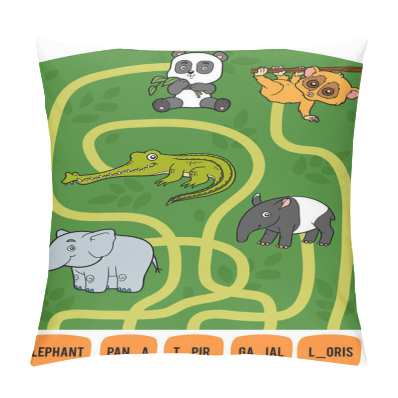 Personality  Maze Game For Children. Find The Way From The Picture To Its Title And Add The Missing Letters. Set Of Tropical Animals. Elephant, Panda, Tapir, Loris And Gavial Pillow Covers