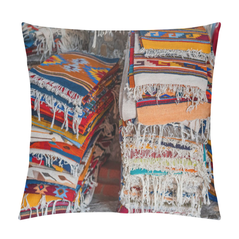 Personality  A Stunning Display Of A Variety Of Traditional Teotitlan Carpets Stacked Neatly In Oaxaca Pillow Covers