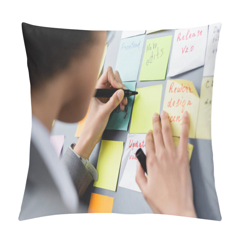 Personality  Cropped View Of Blurred African American Businesswoman Writing On Sticky Note  Pillow Covers