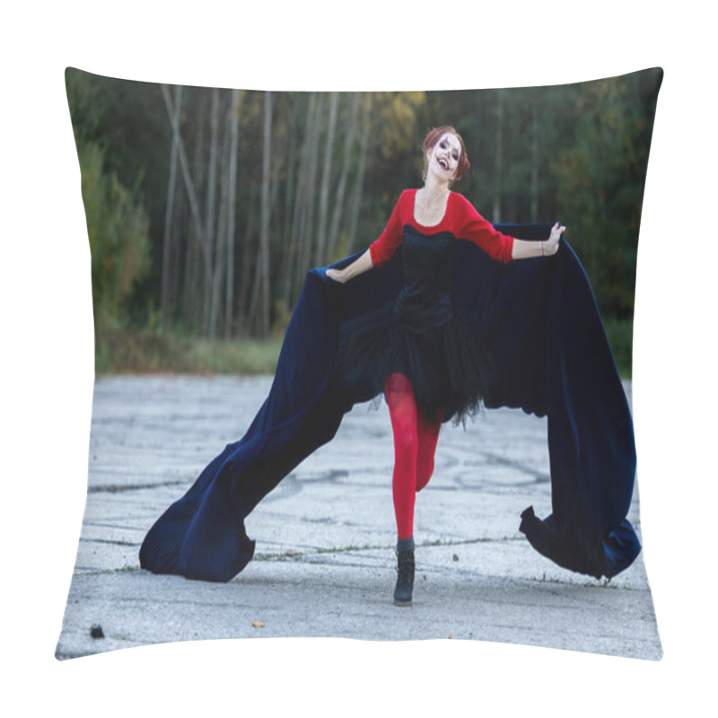 Personality  A Cheerful, Beautiful Young Woman In Motion, Wearing Red And Black Clothes With A Blue Cape: A Play Of Colors And Halloween Fun Pillow Covers