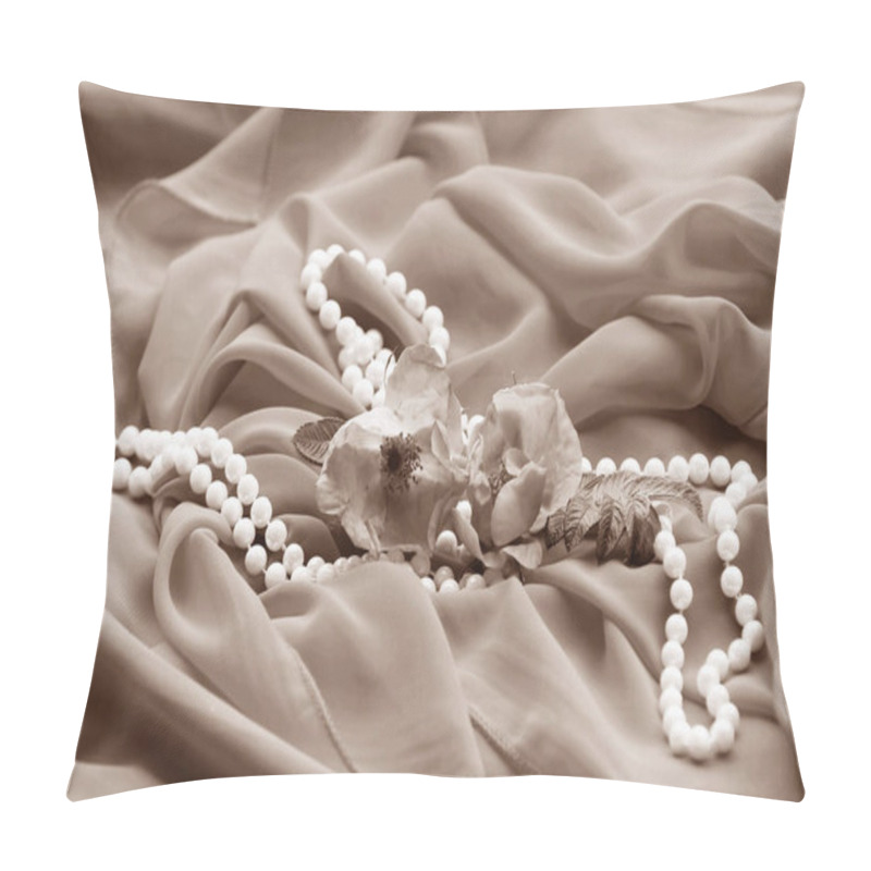 Personality  Close-up Of Fabric With A Rose And Pearl Necklace In Mocha Mousse  Pillow Covers