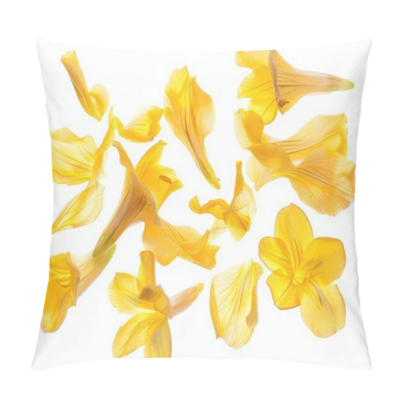 Personality  A Vibrant Arrangement Of Delicate Yellow Flower Petals Floating Gracefully On A White Background. Pillow Covers