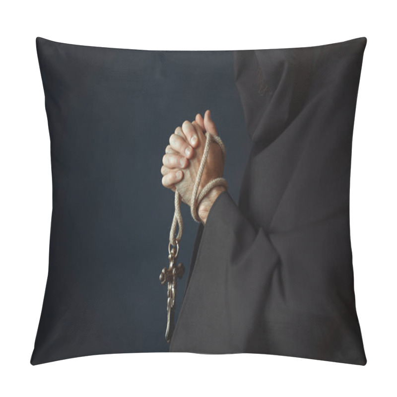 Personality  Medieval Friar Praying With Wooden Cross In Hands In Church, Secret Ritual. Mysterious Monk In Dark Cape. Mystery And Spirituality Pillow Covers