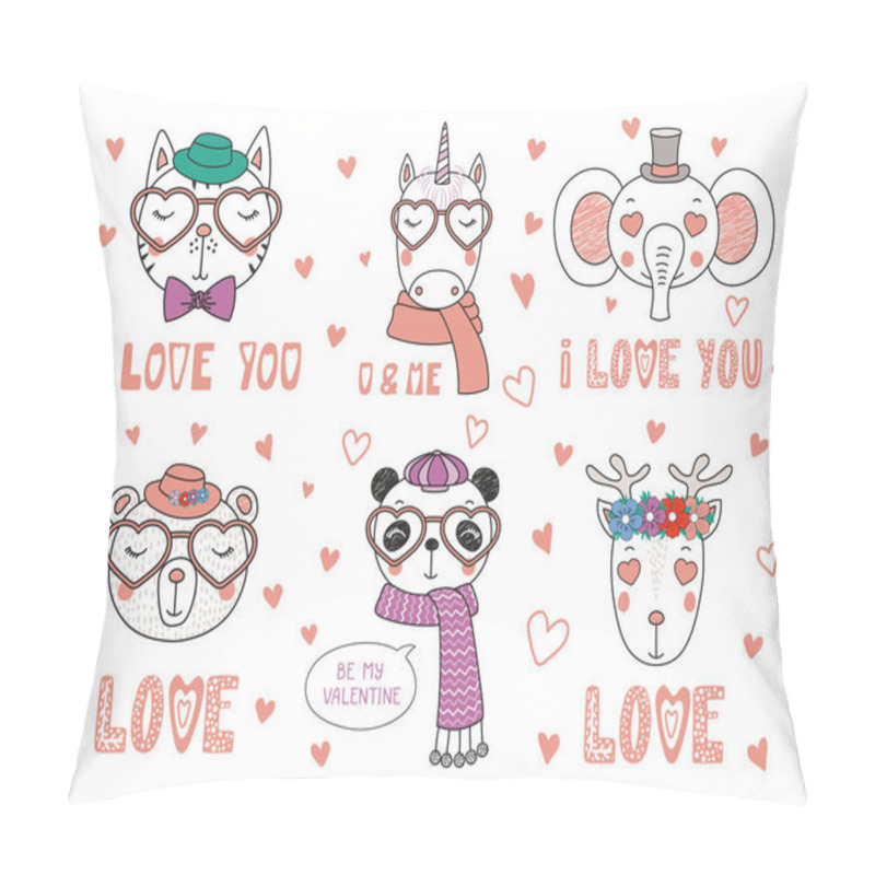 Personality  Valentines Day Card With Set Of Hand Drawn Portraits Of Cute Funny Animals With Accessories And Romantic Quotes, Vector, Illustration Pillow Covers