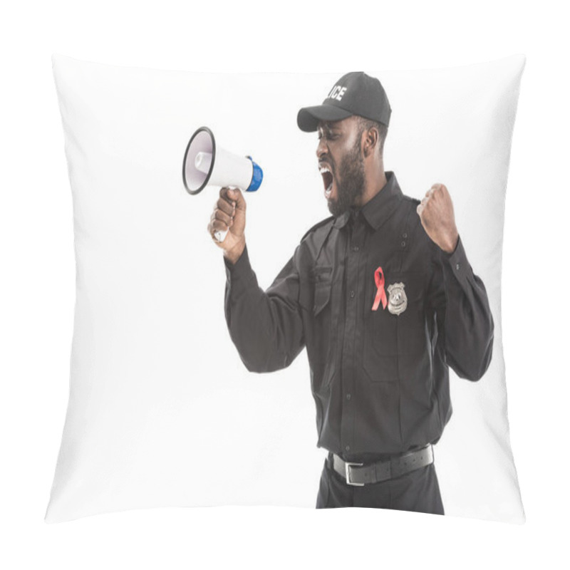 Personality  Angry African American Police Officer With Aids Awareness Red Ribbon Shouting With Megaphone Isolated On White Pillow Covers