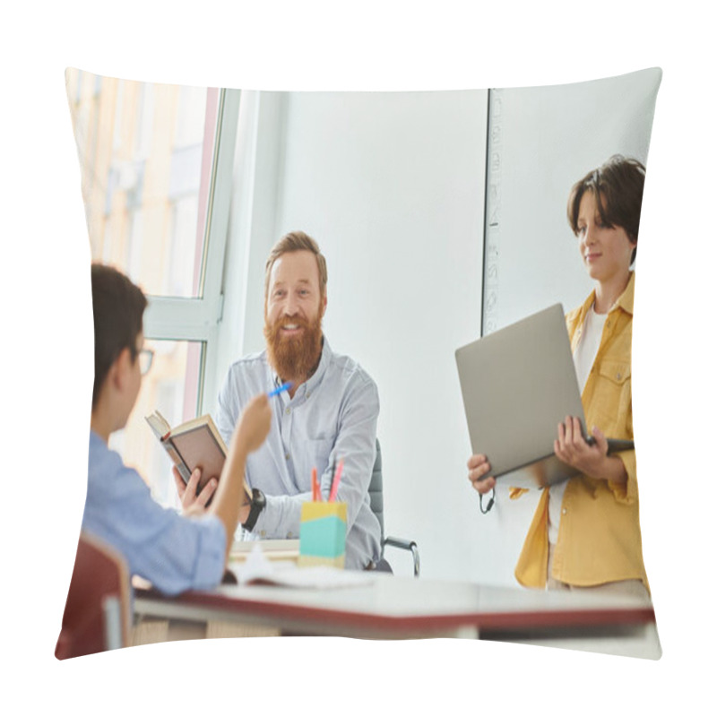 Personality  A Group Of Individuals, Including A Teacher, Engaged In A Collaborative Learning Session Around A Table With Laptops In A Bright And Lively Classroom Setting. Pillow Covers