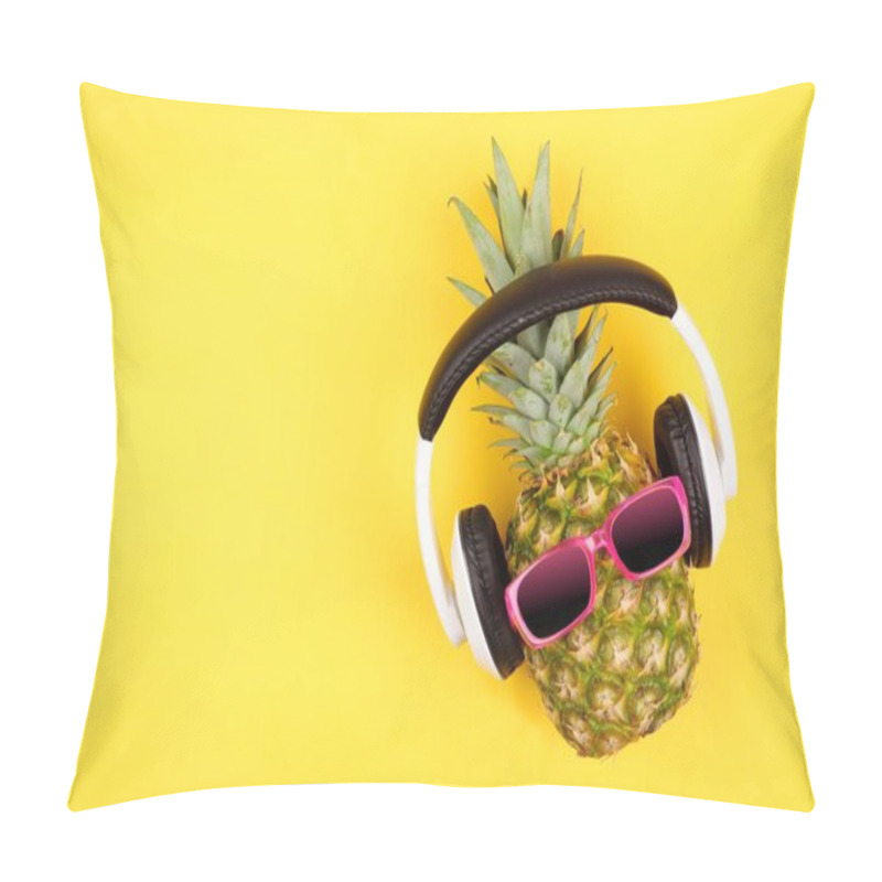 Personality  Hipster Pineapple With Sunglasses And Headphones. Top View Against A Yellow Background. Minimal Summer Concept. Pillow Covers