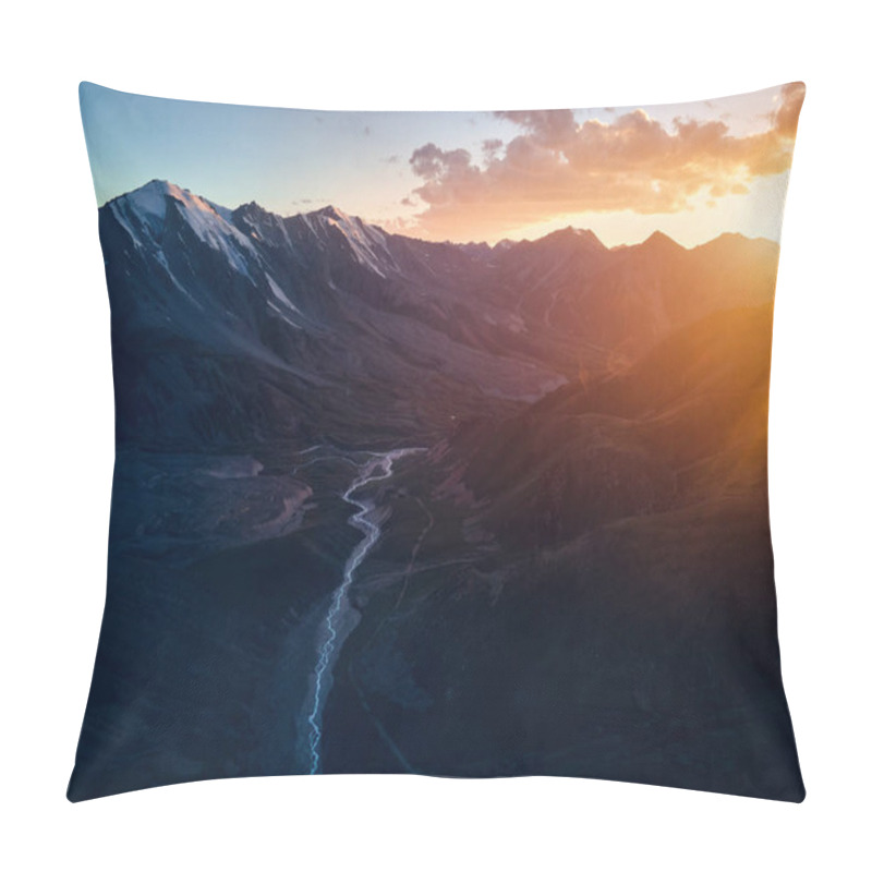 Personality  Beautiful Scenery Of The Mountains  With Snow Glacier And River In Silhouette At Orange Sunset Sky Almaty, Kazakhstan. Outdoor And Hiking Concept, Aerial Drone Top Shot Pillow Covers