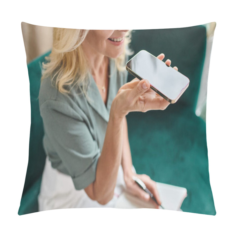 Personality  Cropped Happy Middle Aged Woman Recording Voice Massage And Holding Pen Near Notebook Pillow Covers