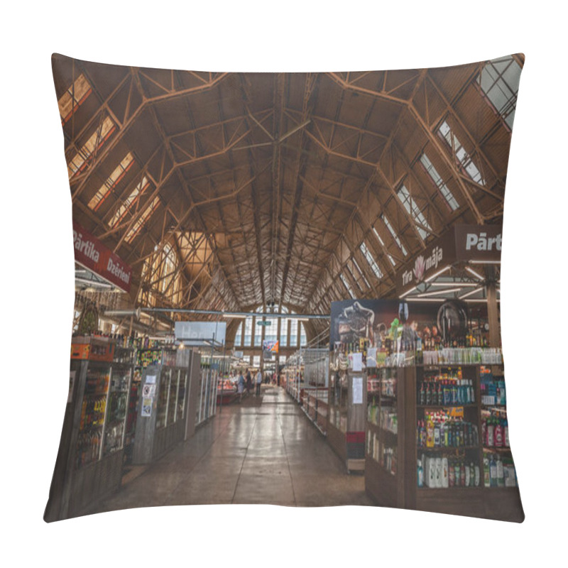 Personality  RIGA, LATVIA - AUGUST 23, 2023: Panorama Of The Main Aisle Of The Meat Pavilion Of Centraltirgus, Riga Central Market, A Landmark And A Symbol Of Latvian Economy. Pillow Covers