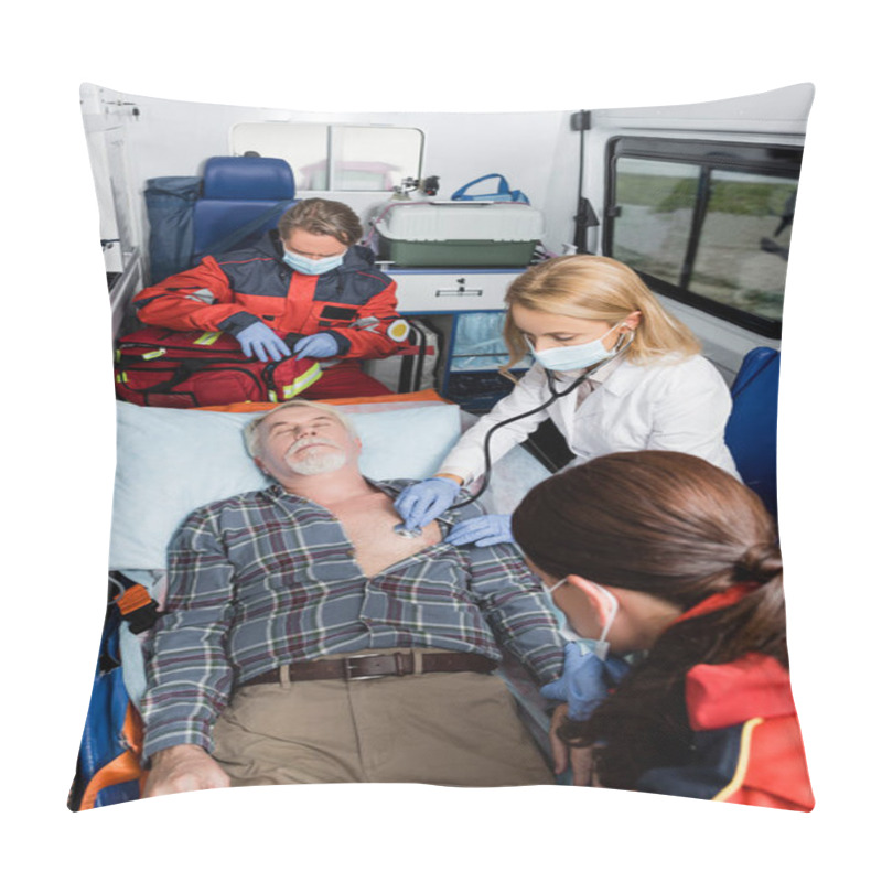 Personality  Selective Focus Of Doctor In Medical Mask Examining Patient With Stethoscope Near Paramedics In Ambulance Car  Pillow Covers