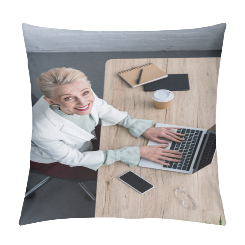 Personality  Overhead View Of Smiling Senior Businesswoman Using Laptop At Workplace Pillow Covers