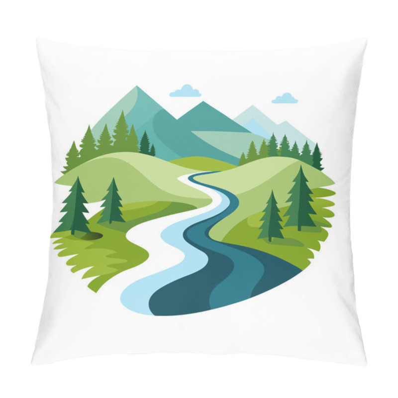 Personality  Scenic Mountain River Landscape With Green Hills And Trees Pillow Covers