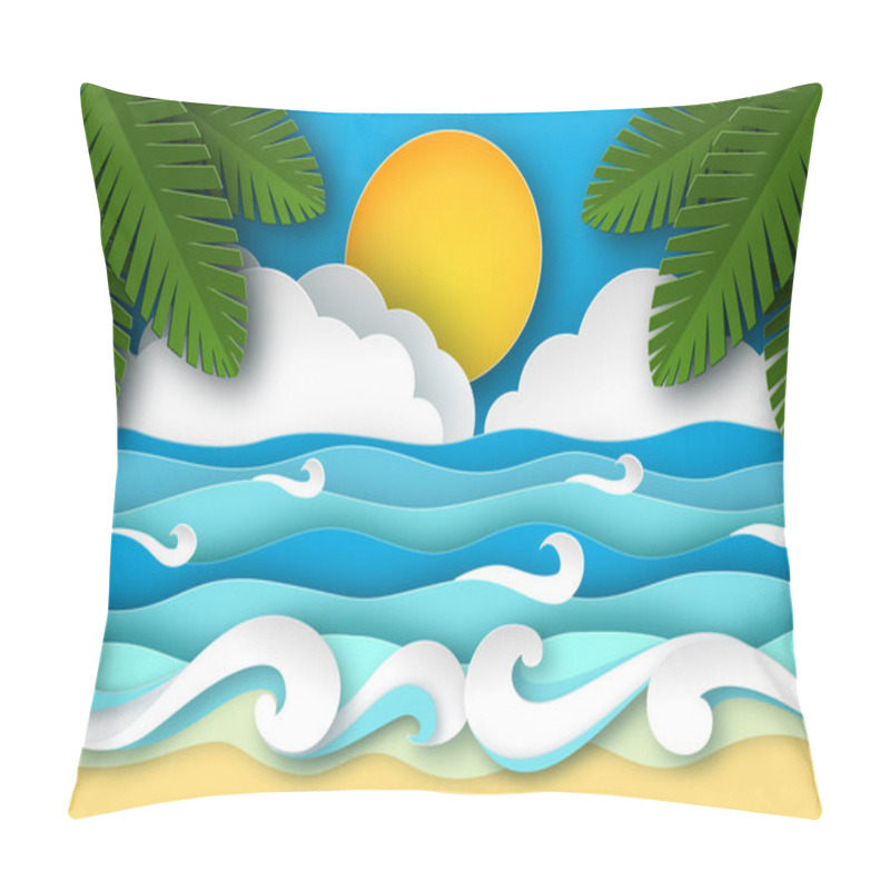 Personality  Sea Waves And Tropical Beach In Paper Art Style. Travel Concept Vector Illustration. Summer Vacation Poster In Paper Cut Design Pillow Covers