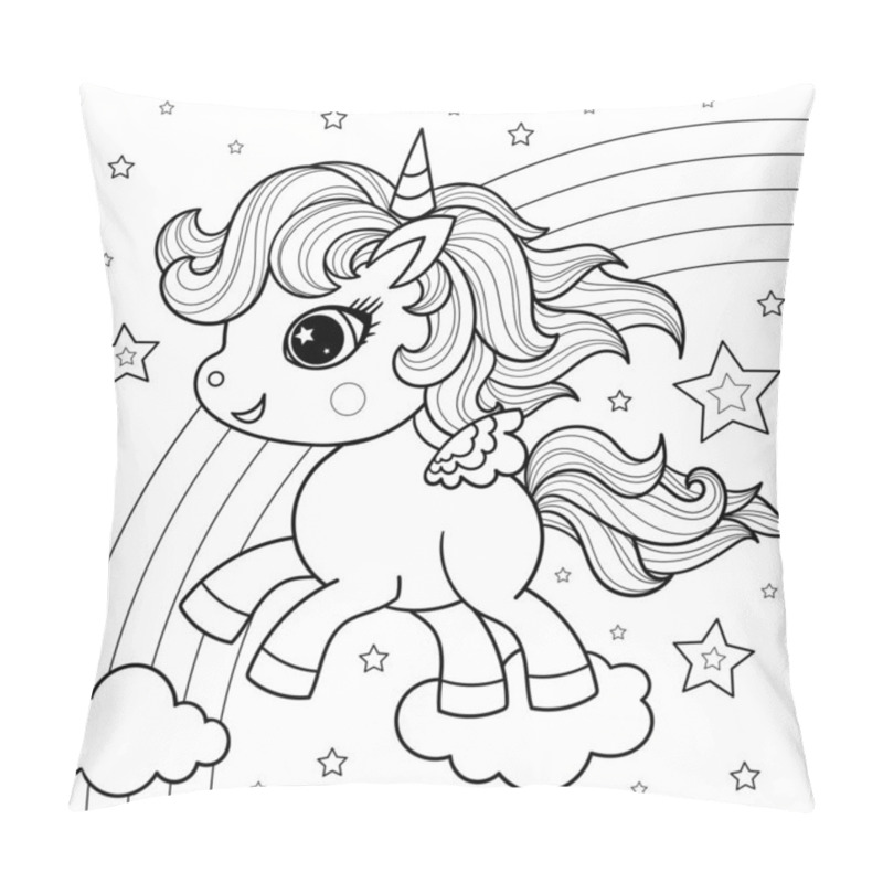 Personality  Cute Little Unicorn Jumping On The Clouds. Black And White Vector Illustration. Magic Theme. For Childrens Design Of Coloring Books, Prints, Posters, Stickers, Puzzles, Etc. Vector Pillow Covers