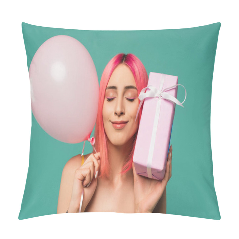 Personality  Pleased Young Woman With Pink Dyed Hair Holding Wrapped Present And Balloon Isolated On Blue  Pillow Covers