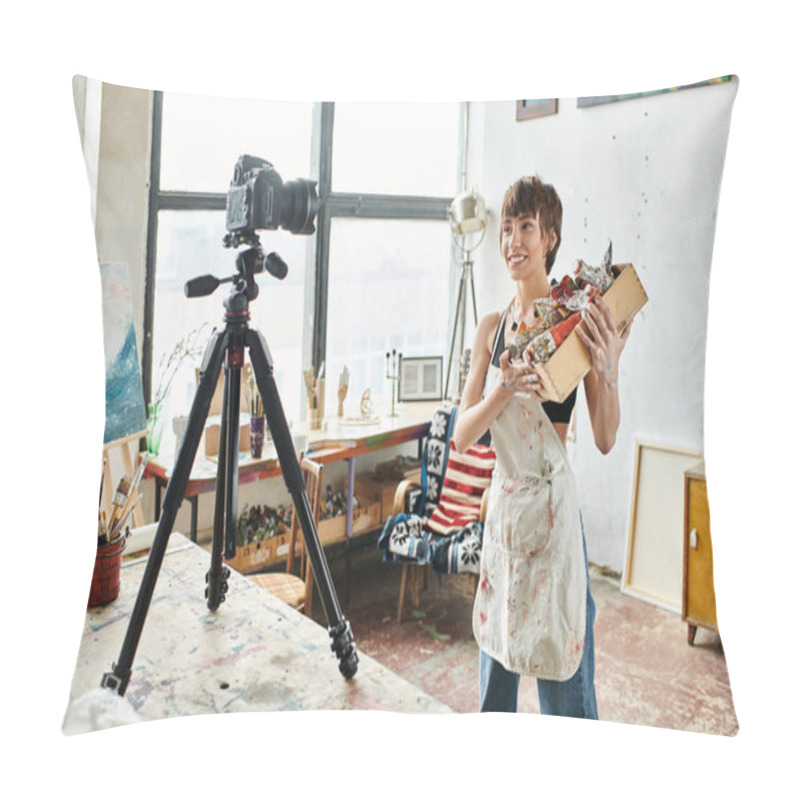 Personality  A Stylish Woman Stands, A Camera On A Tripod Nearby. Pillow Covers