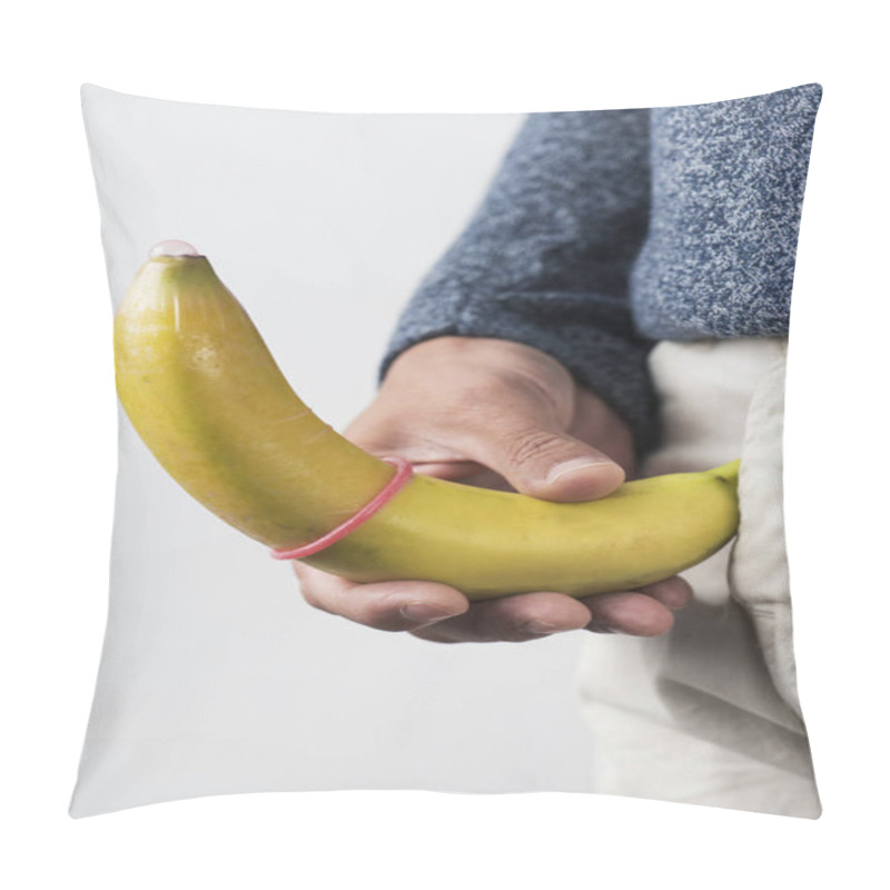 Personality  Closeup Of The A Young Caucasian Man Holding A Banana With A Pink Condom In It In Front Of His Crotch Pillow Covers