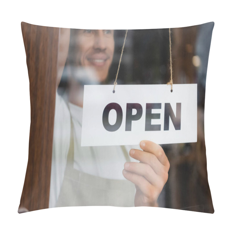 Personality  Smiling Barista Hanging Card With Open Lettering On Door Of Cafe Entrance Pillow Covers