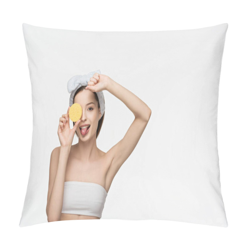 Personality  Cheerful Girl Covering Eye With Cosmetic Sponge And Sticking Out Tongue Isolated On White Pillow Covers