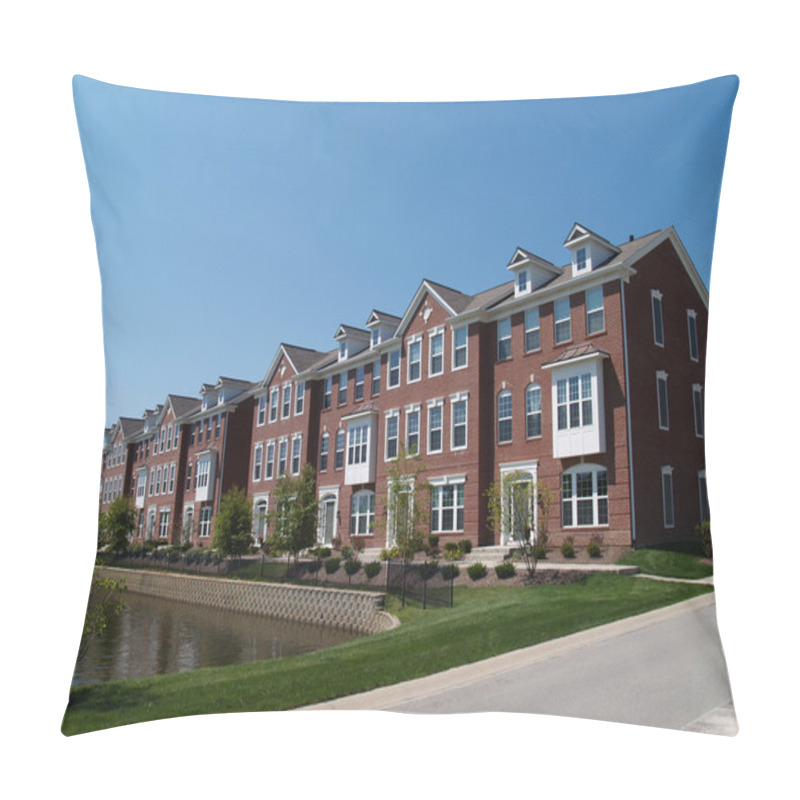 Personality  A Row Of Brick Condos Or Townhouses With Bay Windows Beside A Street. Pillow Covers