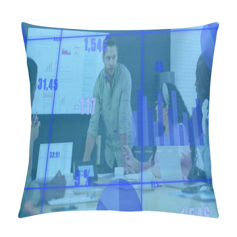 Personality  Image Of Graphs And Changing Numbers Over Diverse Coworkers Discussing Reports In Office. Digital Composite, Multiple Exposure, Business, Planning, Growth, Teamwork And Technology Concept. Pillow Covers