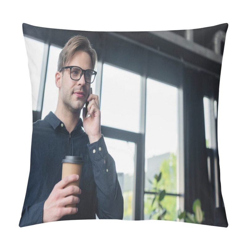 Personality  Programmer Talking On Mobile Phone And Holding Paper Cup In Office  Pillow Covers