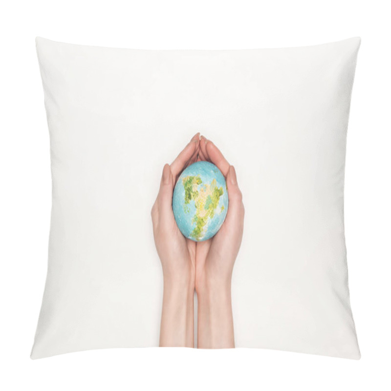 Personality  Cropped View Of Female Hands With Globe Model On White Background, Global Warming Concept Pillow Covers