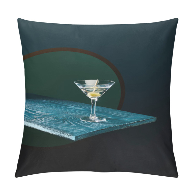 Personality  Cocktail Glass With Vermouth And Whole Olive On Toothpick On Blue Wooden Surface On Geometric Background Pillow Covers