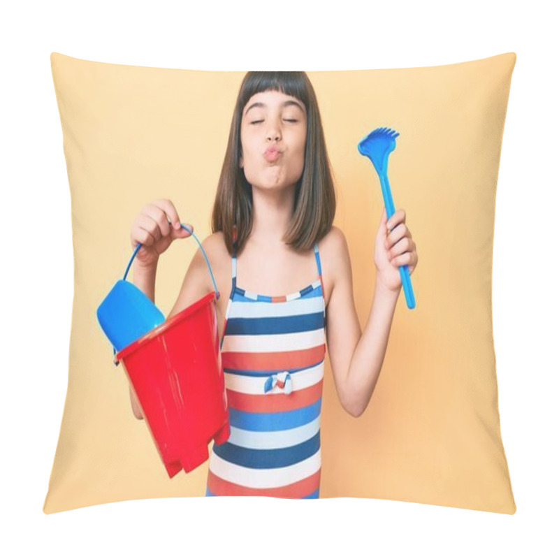 Personality  Young Little Girl With Bang Playing With Summer Shovel And Bucket Toys Looking At The Camera Blowing A Kiss Being Lovely And Sexy. Love Expression.  Pillow Covers