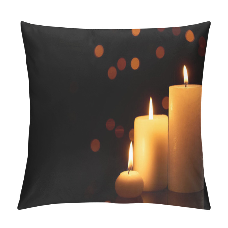 Personality  Burning Candles Glowing In Dark With Bokeh Lights On Background Pillow Covers