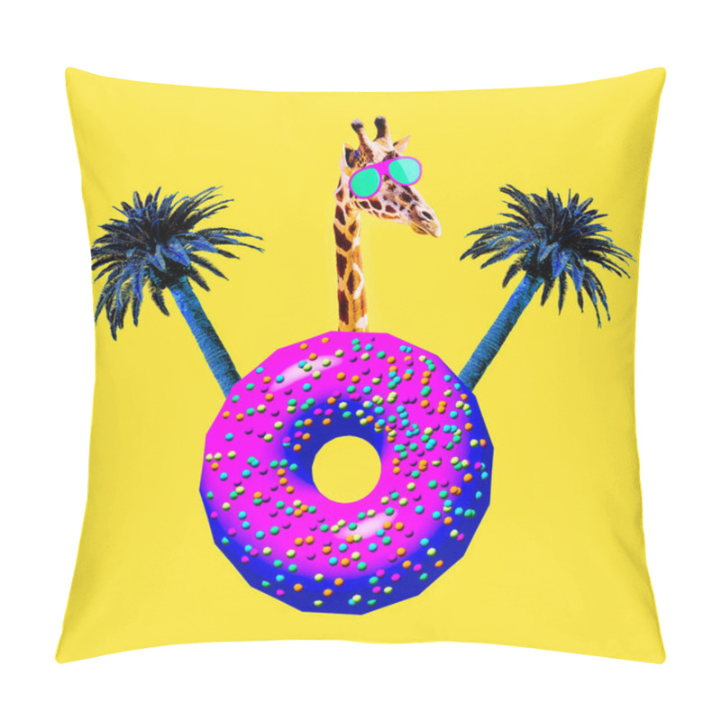 Personality  Giraffe Tropic Donut Mood. Contemporary Art Collage. Funny Fast Food Project Pillow Covers