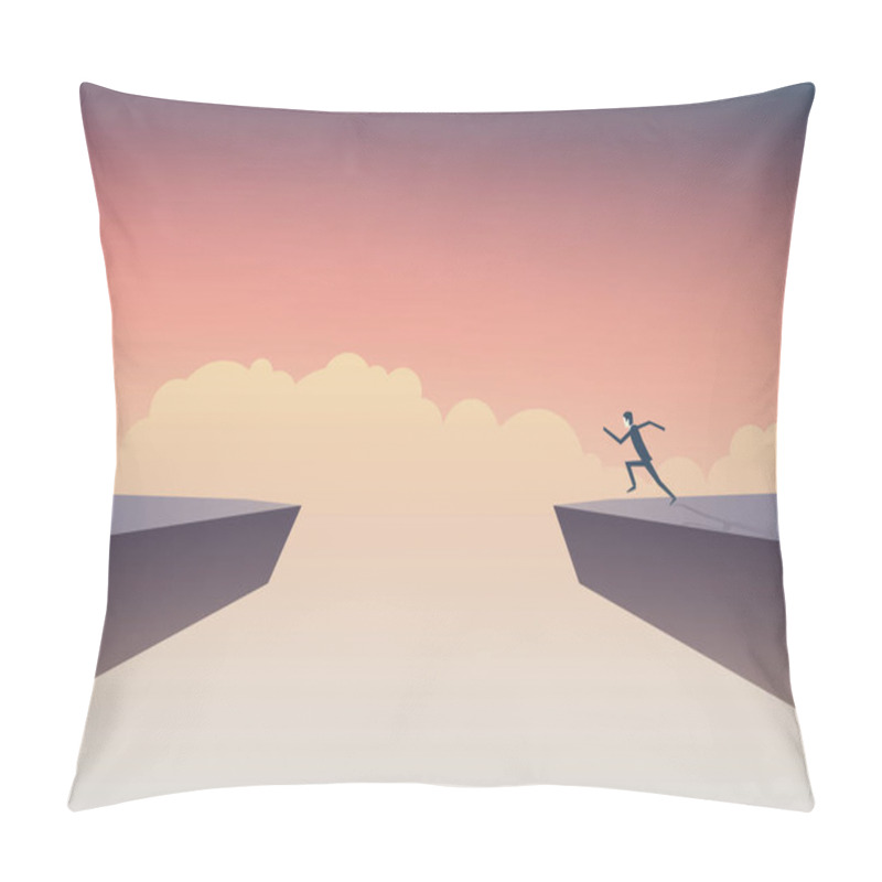 Personality  Businessman About To Jump Over Gap Between Two Cliffs. Symbol Of Business Risk, Courage, Determination, Motivation. Pillow Covers