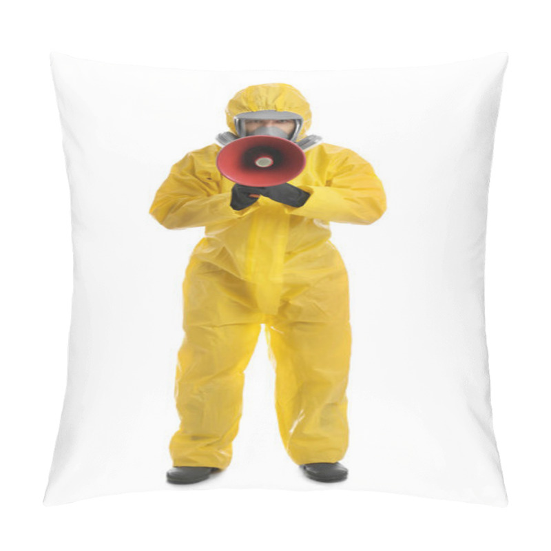 Personality  Man Wearing Chemical Protective Suit With Megaphone On White Background. Prevention Of Virus Spread Pillow Covers