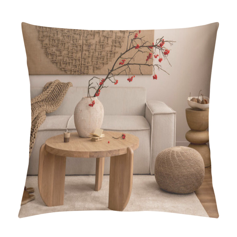 Personality  Creative Composition Of Living Room Interior With Wall Art Paint, Modern Beige Sofa, Round Wooden Coffee Table, Vase With Rowan, Brown Pouf, Slippers And Personal Accessories. Home Decor. Template. Pillow Covers