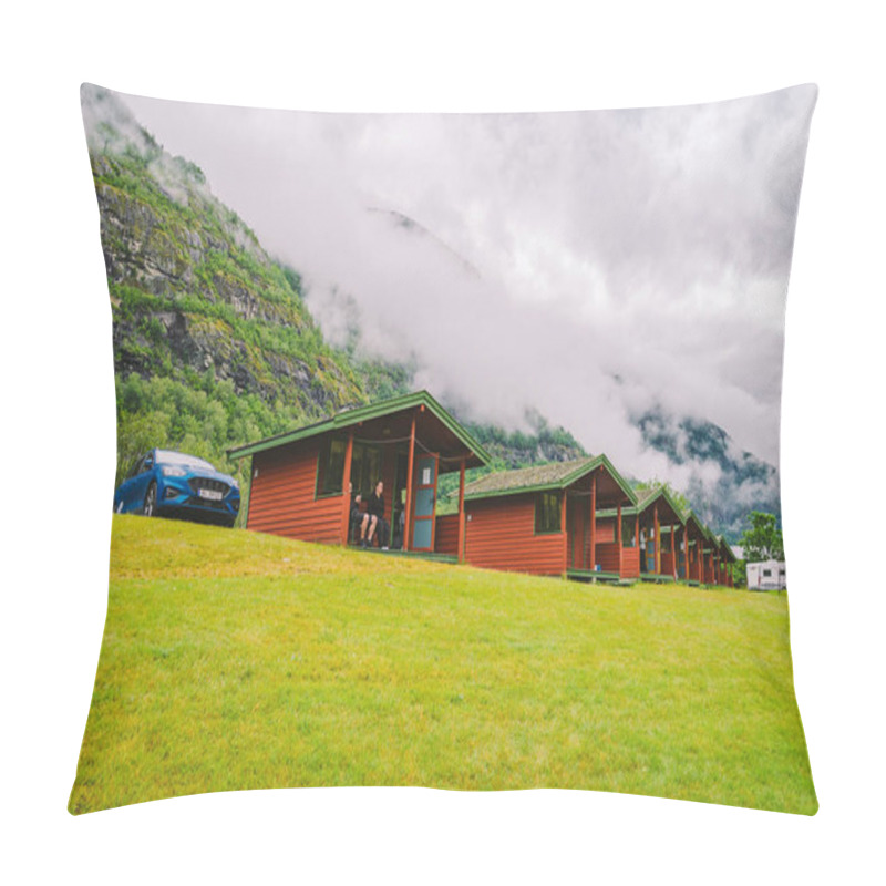 Personality  Traditional Red Camping Houses In Lunde Camping, Norway July 21, 2019. Classical Norwegian Camping Site With Traditional Wooden Red Cottages, Northern Norway. Camping Cabins Pillow Covers