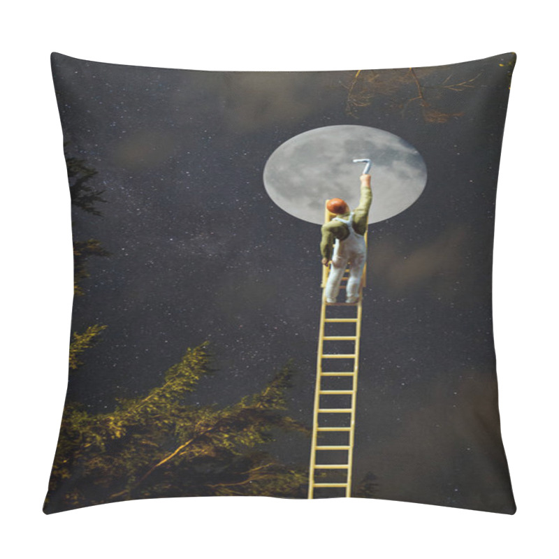 Personality  Ambitious Painter Climbs Ladder To The Moon Conceptual Metaphor For Reach For The Stars Pillow Covers