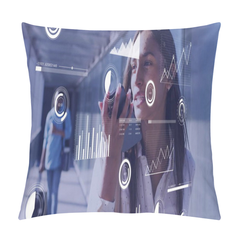 Personality  Image Of Data Processing Over Biracial Businesswoman Using Smartphone In Airport. Global Finance, Business, Connections, Computing And Data Processing Concept Digitally Generated Image. Pillow Covers