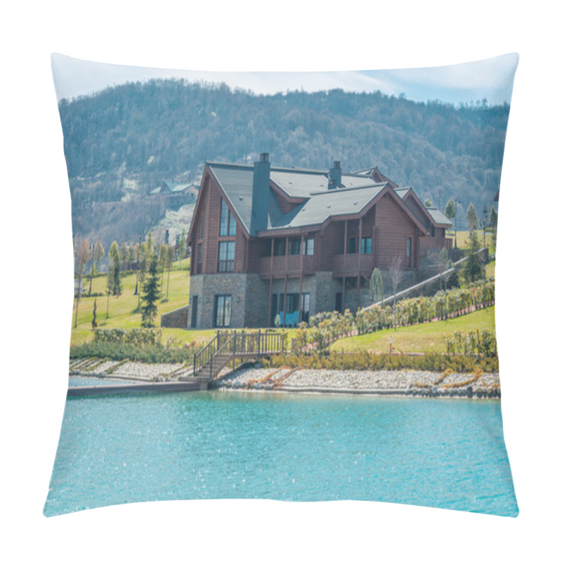 Personality  Modern House Near Water On Bright Day Pillow Covers