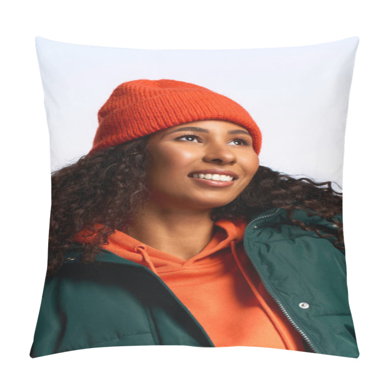 Personality  A Joyful Woman In A Trendy Orange Beanie And Jacket Radiates Warmth And Happiness. Pillow Covers