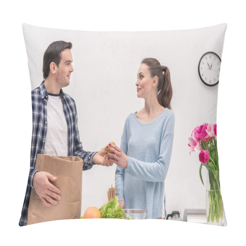 Personality  Happy Adult Couple Unpacking Paper Bag After Grocery Shopping Pillow Covers