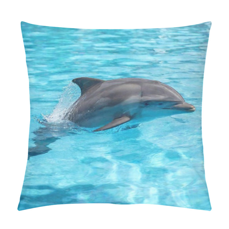 Personality  A High-resolution Ultrarealistic Image Captures A Playful Dolphin Emerging From A Vibrant, Crystal-clear Blue Pool. The Digital Photo Art Style Emphasizes The Dolphin's Smooth, Glistening Skin As It Beams With A Wide, Open-mouthed Smile, Showcasing Pillow Covers