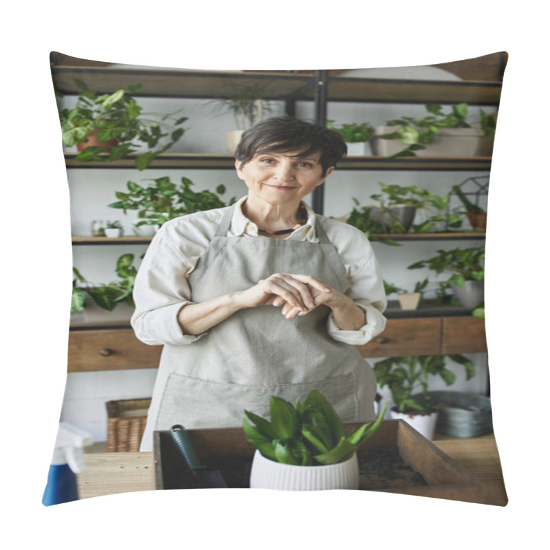 Personality  A Gardener Tends To Her Thriving Plants With Care And Dedication. Pillow Covers