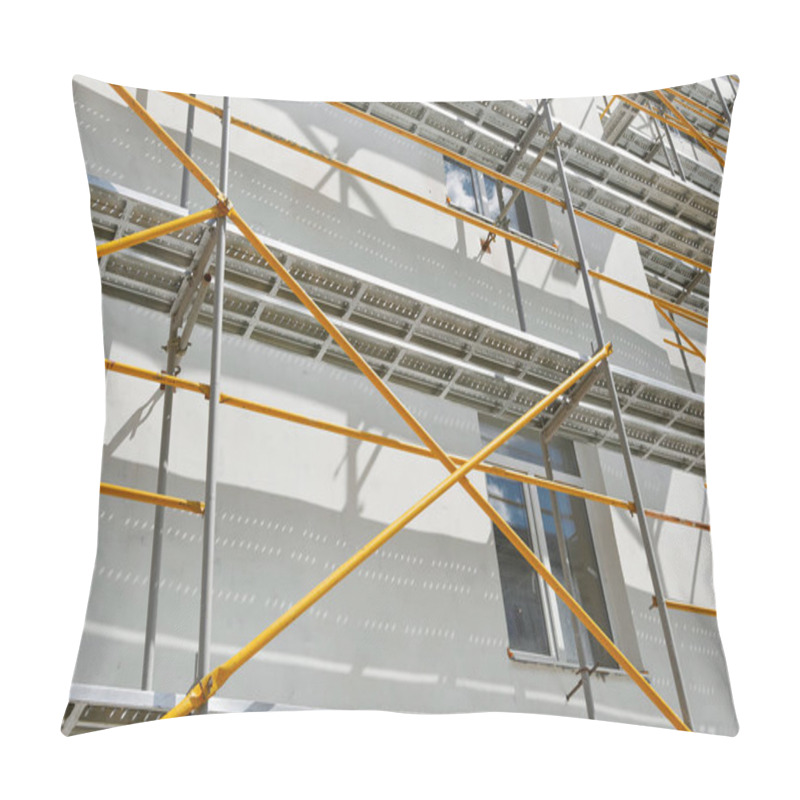 Personality  Scaffolding Near A New House, Building Exterior, Construction And Repair Industry, White Wall And Window, Yellow Pipe Pillow Covers