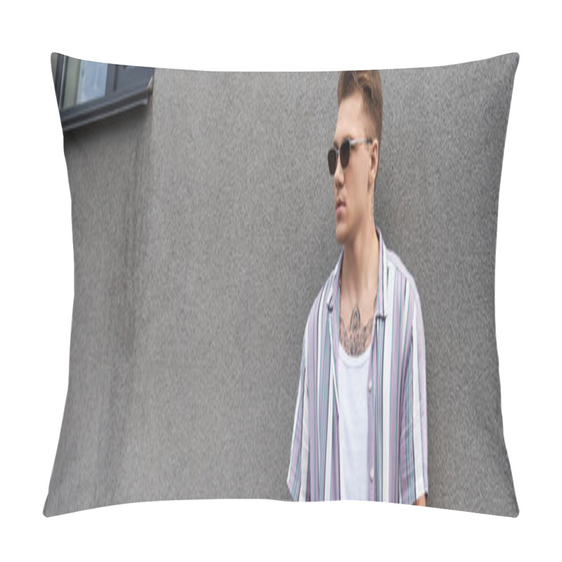 Personality  Handsome Young Man Showcases Style And Confidence Near A Gray Wall. Pillow Covers